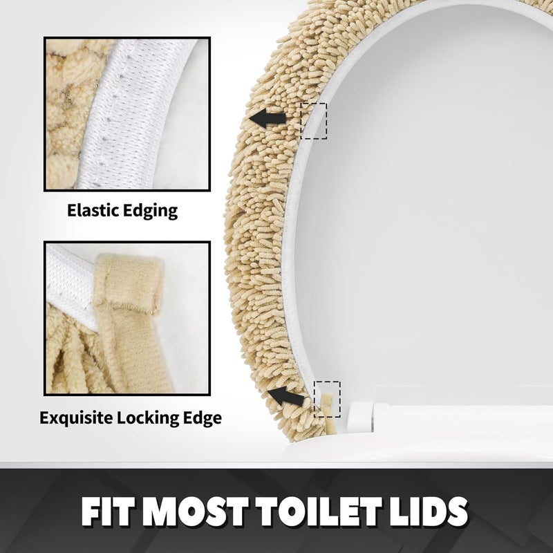TREETONE Shaggy Chenille Bathroom Toilet Lid Cover, Ultra Soft Plush Seat Covers, Fluffy Absorbent, 19x21 Inches, Standard Toilet Lids for Bathroom Machine Wash & Dry, Beige - Image 3